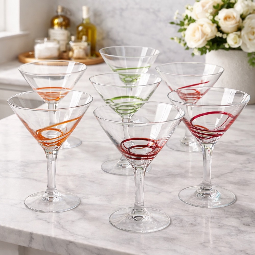 NEW Crystal Spiral Cocktail / Martini Glasses – Set of 8 | Modern Color Accent